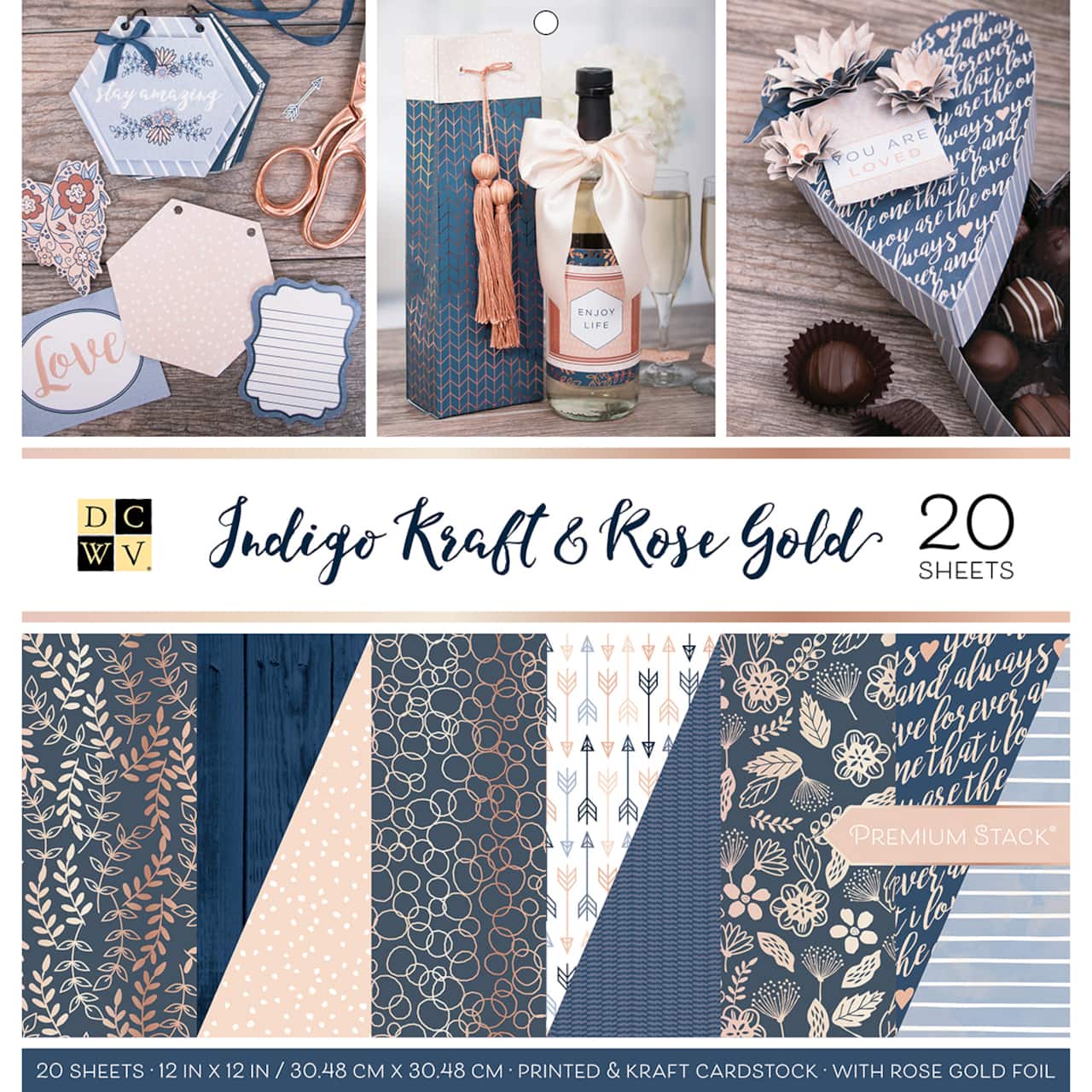 DCWV® 12" x 12" Indigo Kraft & Rose Gold Double‑Sided Cardstock Stack, 20 Sheets